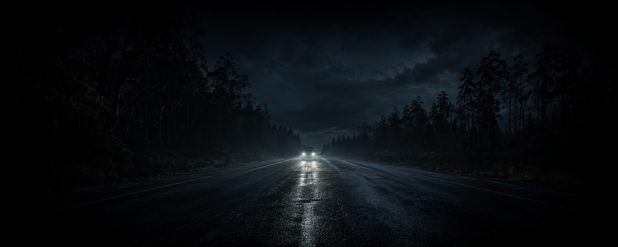 A car approaches along a wet forest road at night